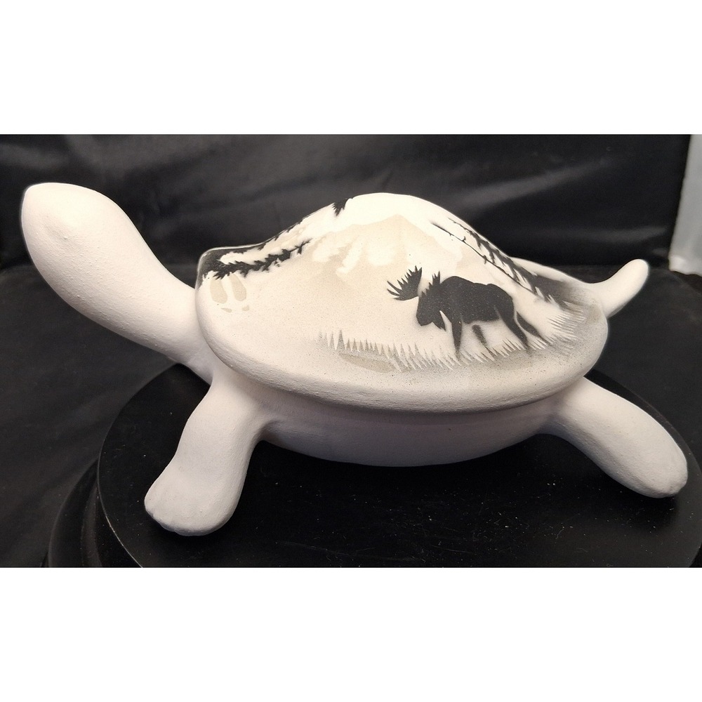 Benally Dine Navajo Ceramic Turtle Trinket Dish Moose Mountain Scene White Black